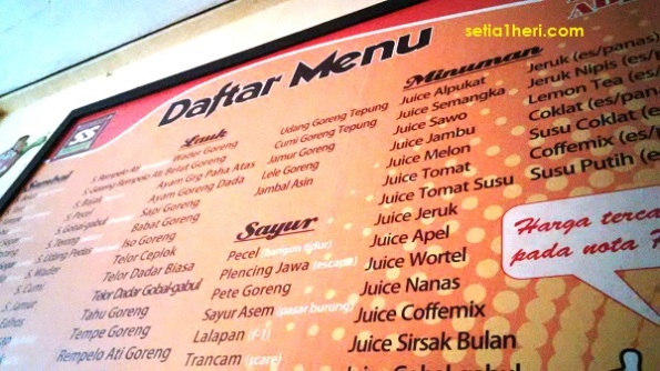 Daftar menu di warung special sambal kediri